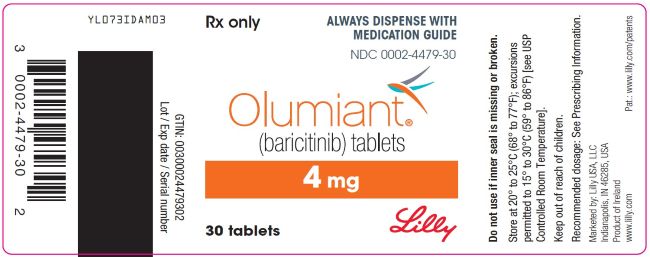 Picture from the US label: Rx Only Always Dispense with Medication Guide NDC 0002-4479-30 Olumiant ® (baricitinib) tablets 4 mg 30 tablets Lilly