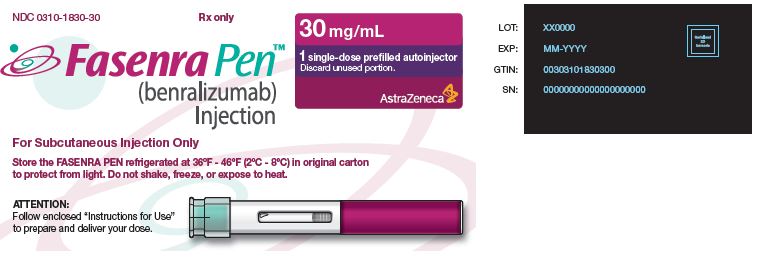 Picture from the US label: NDC 0310-1830-30 Rx only FASENRA PEN™ (benralizumab) Injection For Subcutaneous Injection Only Store the FASENRA PEN refrigerated at 36°F…