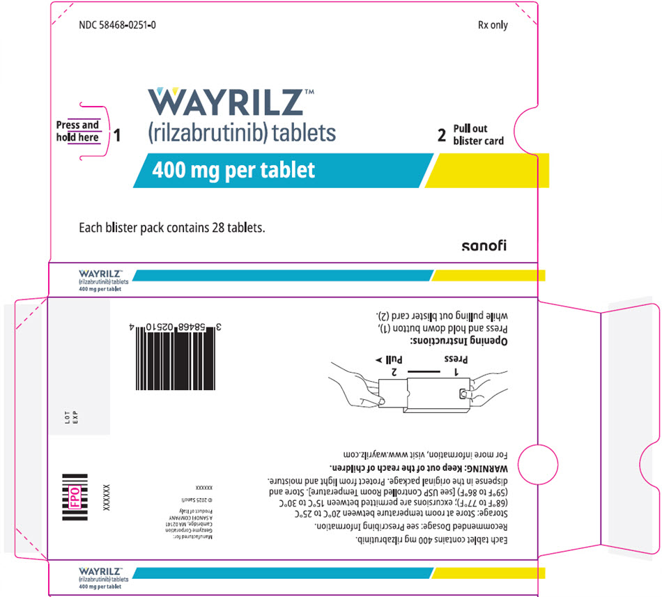Picture from the US label: NDC 58468-0251-0 Rx only Press and hold here 1 WAYRILZ™ (rilzabrutinib) tablets 400 mg per tablet 2 Pull out blister card Each blister pack…